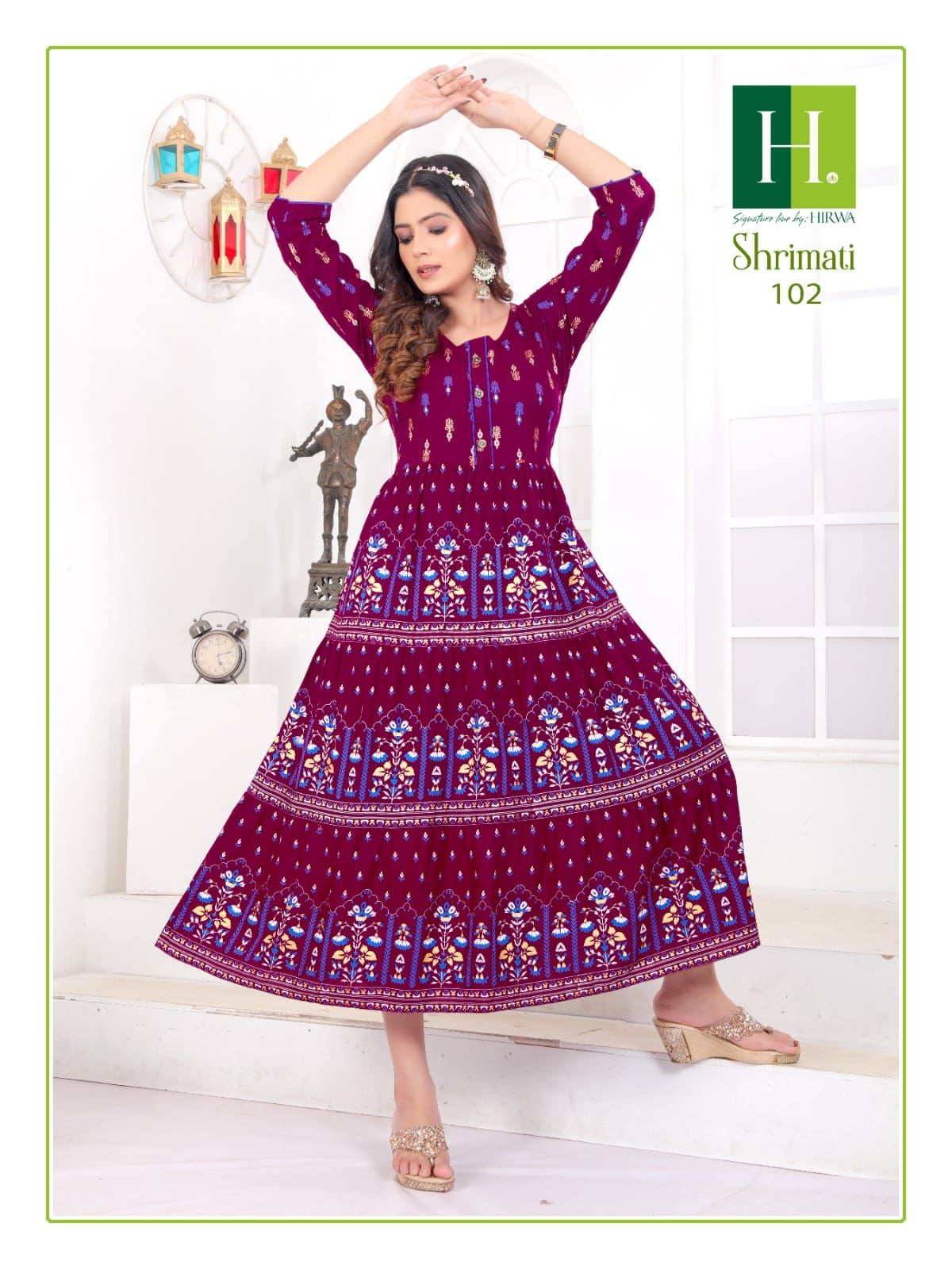 Shrimati Vol 2 By Hirwa Rayon Printed Long Anarkali Kurti Wholesale Shop In Surat
